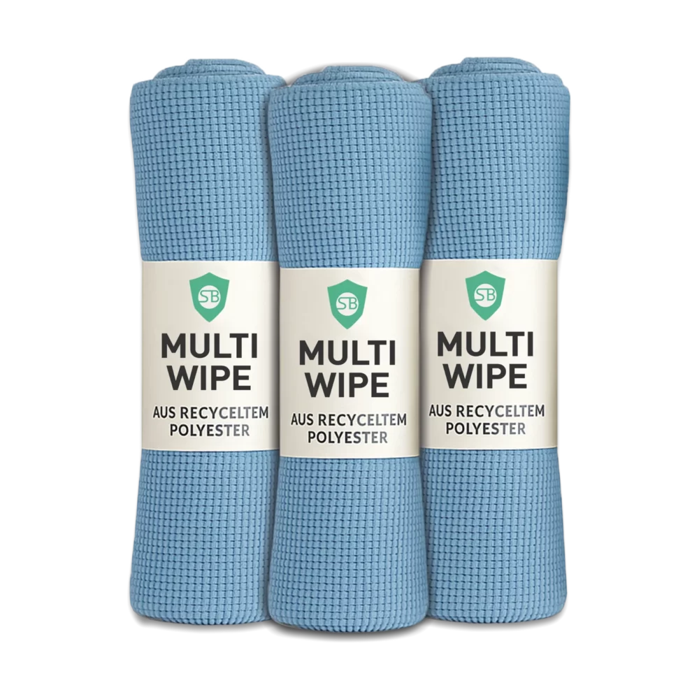Drei blaue SYNBIOTIC SHIELD MULTI WIPE Mikrofaser-Waffeltücher aus recyceltem Polyester im 3er Set.